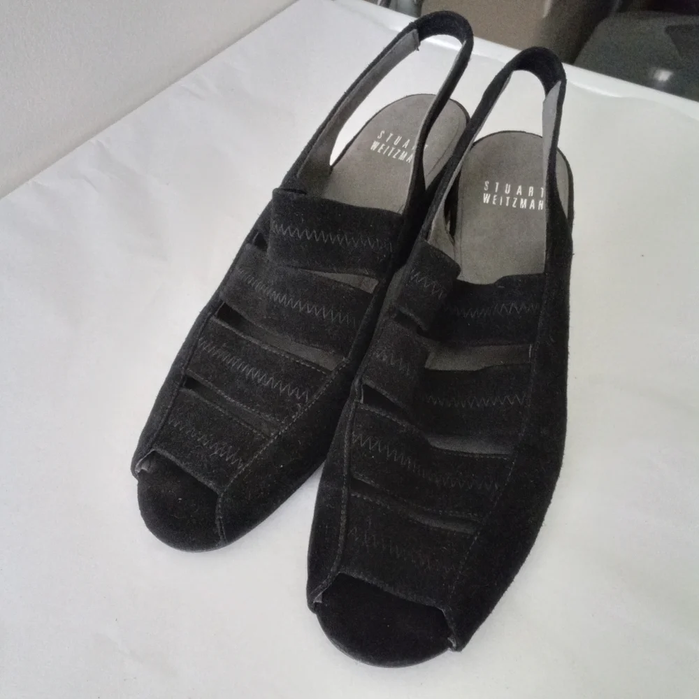 Stuart Weitzman Spando Black Nubuck Suede Strappy Slingback Wedges 7.5 M $398 - Picture 10 of 11